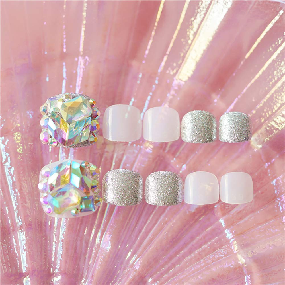 Colorful Diamond False Toenails for Women - 24pcs Short Length Full Cover Acrylic Toe Tips with Nail Art Designs | Perfect for Pedicures, Summer Sandals & Beach Vacations