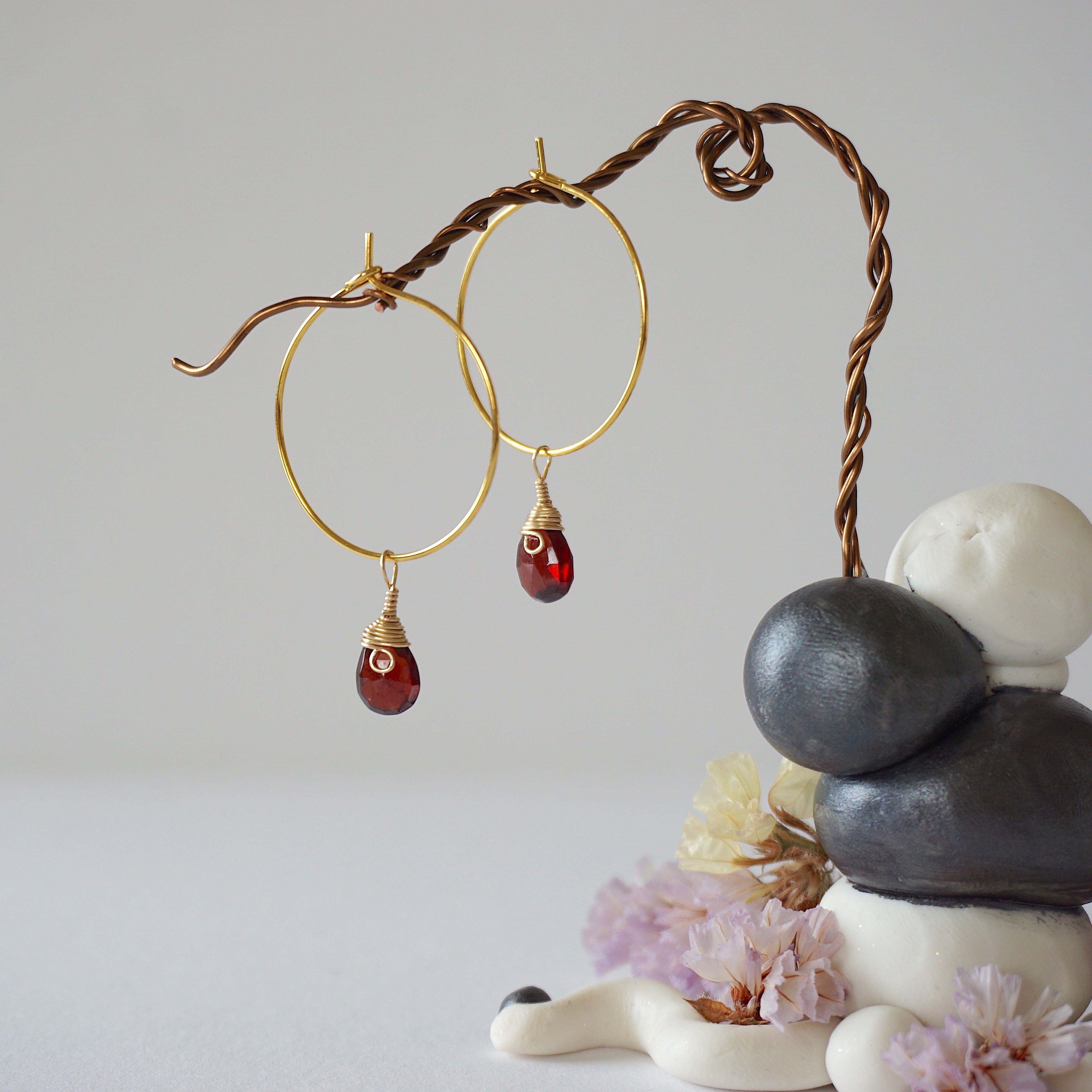 Garnet Charm Gold Plated Hoop Earrings for Women - Elegant Dangle Jewelry for Party, Wedding & Everyday Wear