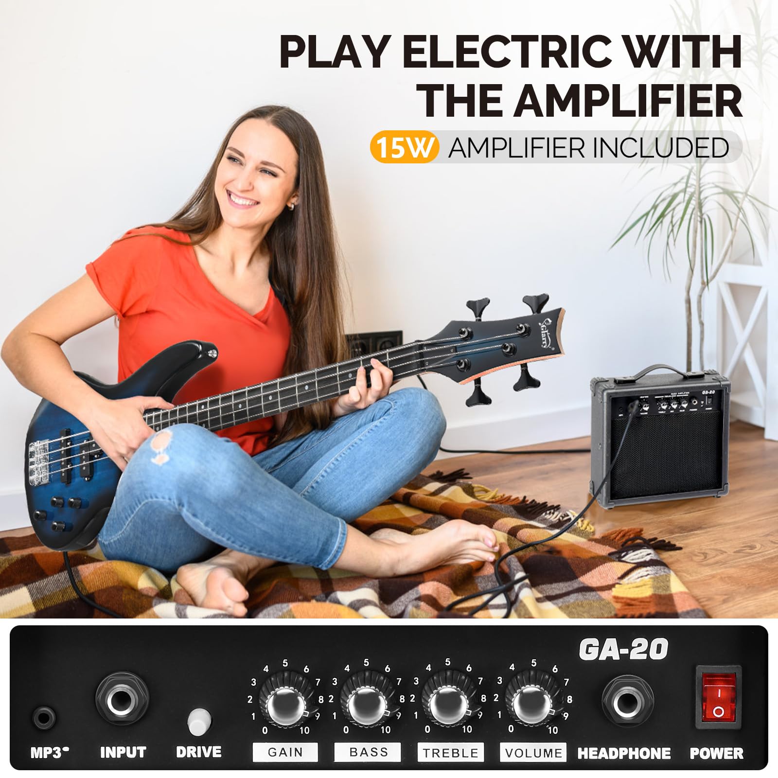 GLARRY 4-String Electric Bass Guitar Beginner Kit - Full Size Solid Body Bass with 20W Amp, Gig Bag & Accessories (Dark Blue) - Perfect for Beginners, Practice & Live Performances