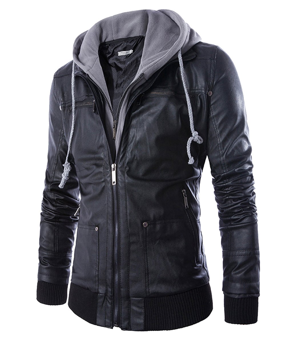 JUNG KOOK Men's Slim Fit Faux Two-Piece PU Hoodie Jacket with Zipper Pockets - Stylish Casual Outerwear for Streetwear & Everyday Fashion
