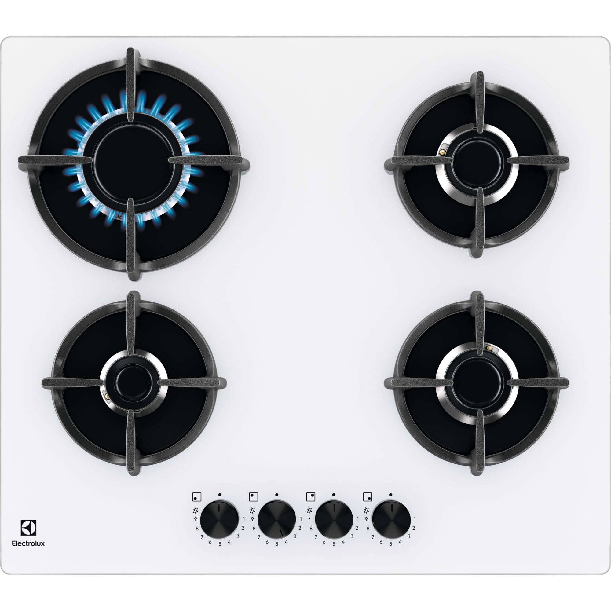 **Electrolux 600 Series 60cm Built-In Gas on Glass Cooktop – 4 Burners, Rapid Burner, Wok Burner, Precise Flame Control, Sicurgas Safety, White (590x520mm) – Perfect for Modern Kitchens & Home Cooking**