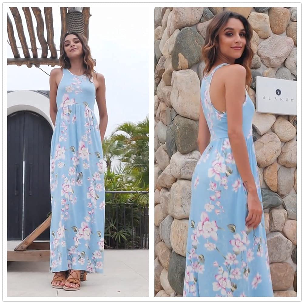 Women's Floral Summer Dress Casual Beach Tank with Pockets - Pleated Front Long Maxi Dress for Vacation, Outdoor Party & Date Night