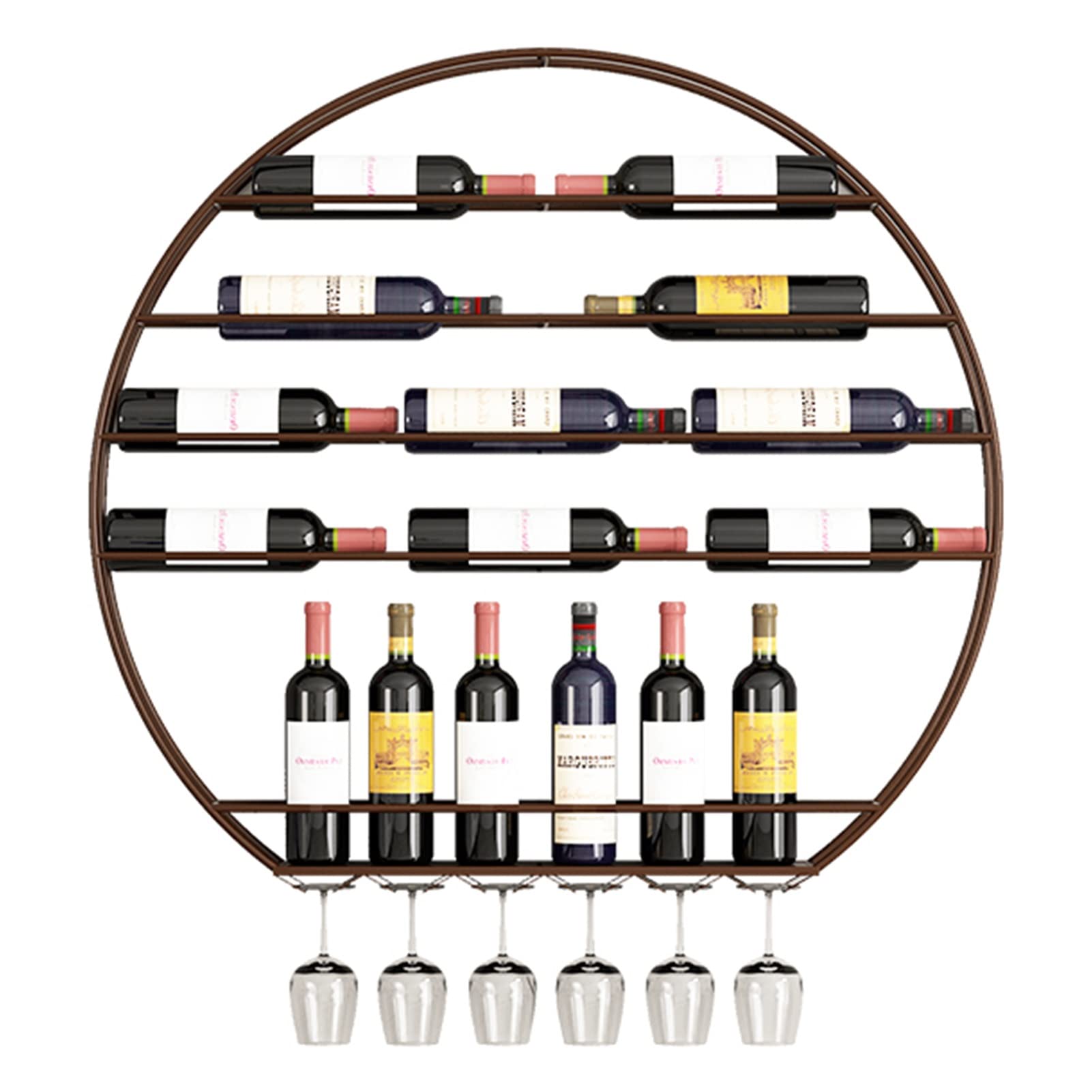 GELISURE Wall Mounted Round Wine Rack - Hanging Wine Bottle Holder & Stemware Storage Shelf for Kitchen, Bar, Restaurant - Decorative Brown Wooden Shelf (75cm×80cm) - Perfect for Small Spaces & Entertaining Guests