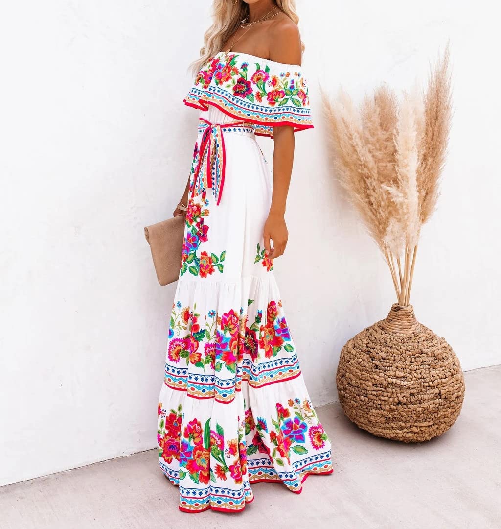 Women's Floral Maxi Dress - Off Shoulder Strapless Ruffle Short Sleeve Boho Beach Dress for Summer Vacation, Party & Date Night | Lightweight Flowy Ethnic Style