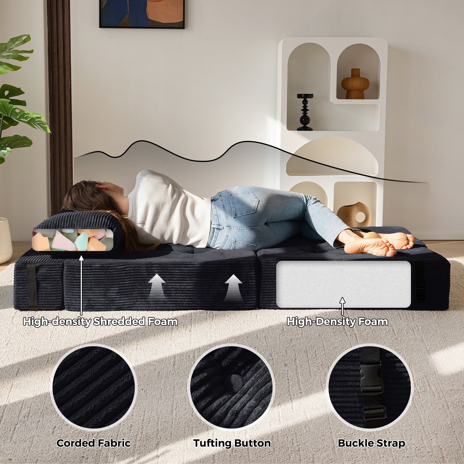MAXYOYO Folding Sofa Bed - Convertible Sleeper Sofa with High Density Support Foam for Small Spaces, Guest Room & Studio Apartments - Perfect for Living Room, Bedroom & Office - Black