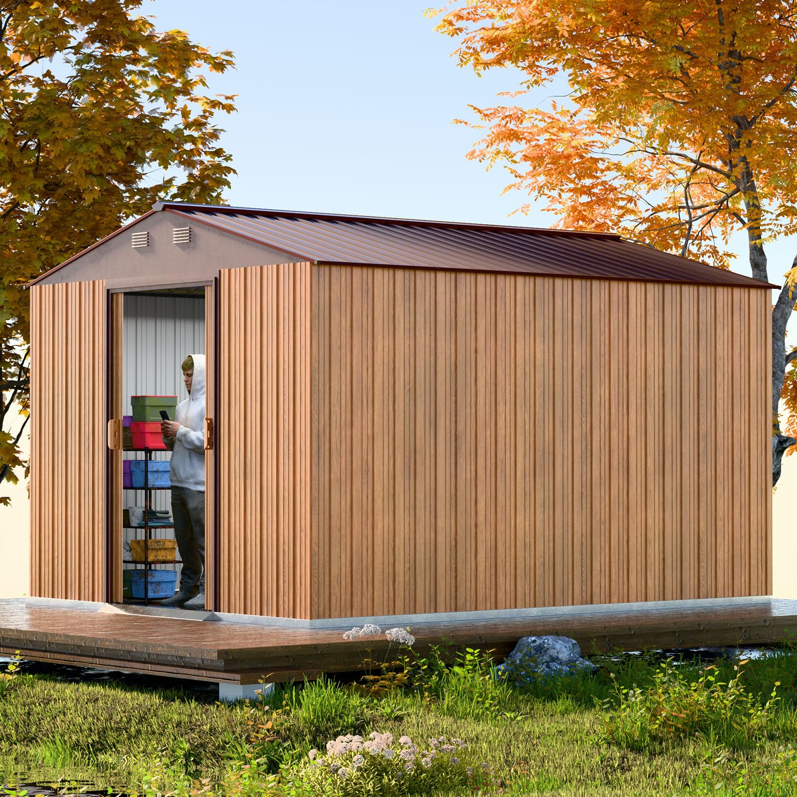 8x10 FT Metal Storage Shed - Heavy Duty Steel Garden Shed with Sliding Door & Ventilation - Outdoor Utility Shed for Bikes, Tools, Lawn Equipment - Perfect for Backyard, Patio & Garage Organization