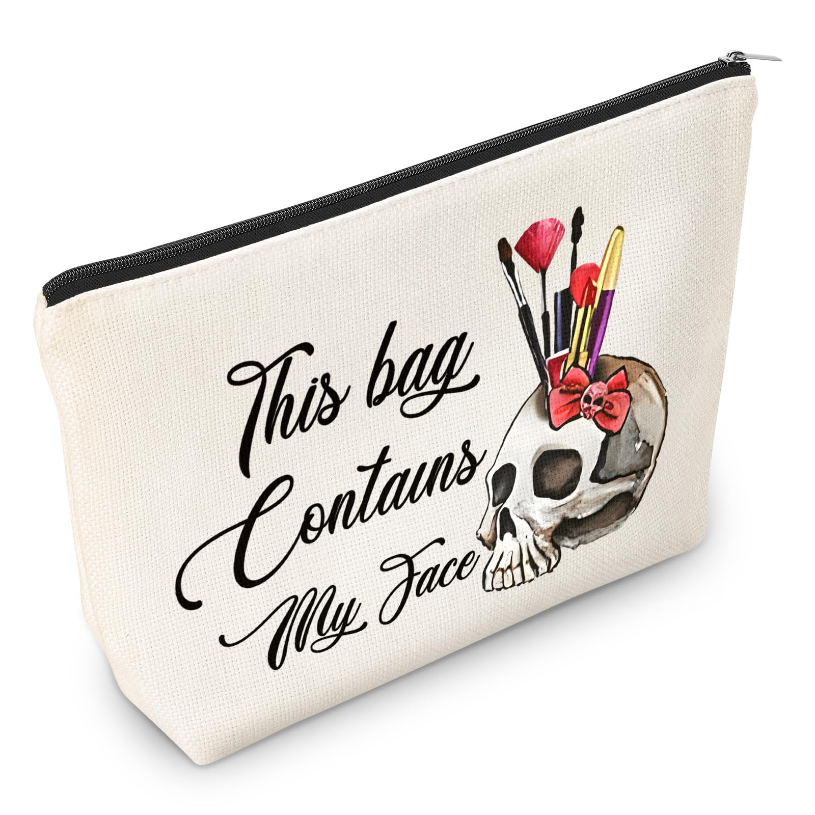 Funny Skull Cosmetic Makeup Bag - Halloween Gifts for Women, Best Friend & Sister Birthday Presents - 'This Bag Contains My Face' Zipper Toiletry Pouch - Perfect for Travel, Parties & Daily Use