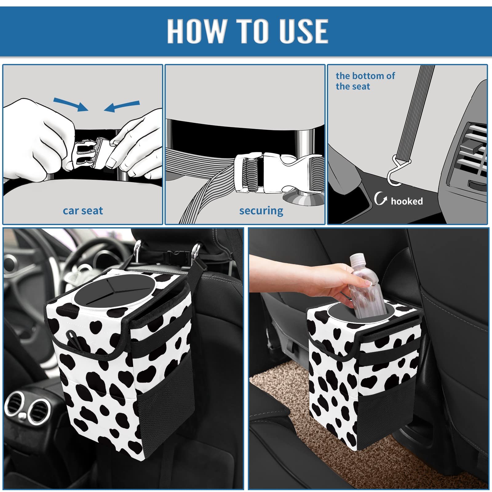 Black and White Cow Print Collapsible Car Trash Can with Lid - Reusable Waterproof Auto Garbage Bin for Car, Truck & SUV - Perfect for Road Trips, Commuting & Keeping Vehicle Interior Clean