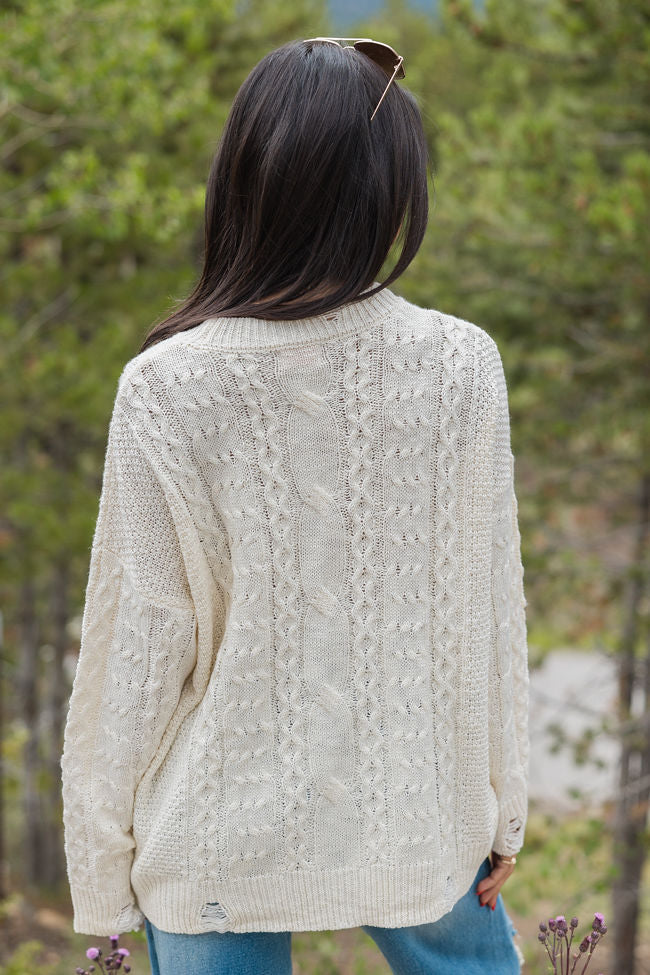 That's The Spirit Ivory Cable Knit Distressed Oversized Sweater - Cozy Winter Pullover for Women | Perfect for Casual Outings, Coffee Dates & Fall Layering
