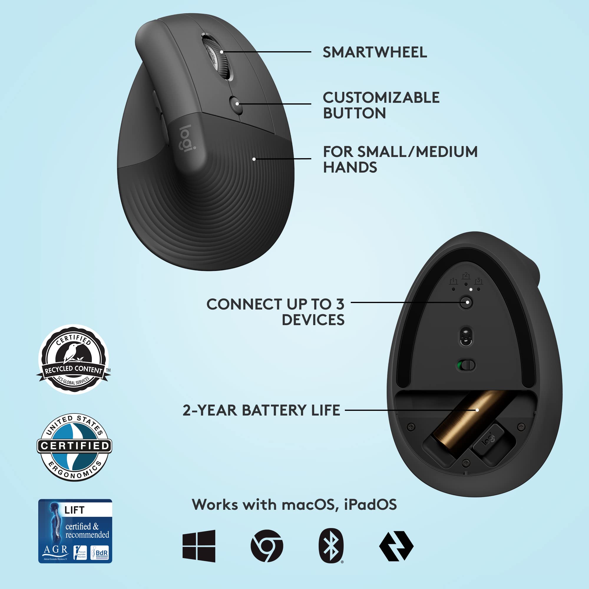 Logitech MX Keys Mini Wireless Keyboard & Lift Vertical Ergonomic Mouse Combo - Bluetooth/USB, Backlit Keys, Quiet Typing for Windows, Mac, iPad - Perfect for Office, Home & Travel Use - Graphite