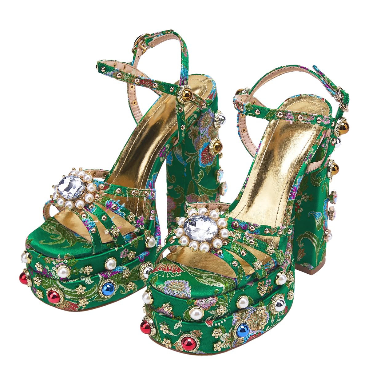 Feinlina Women's Rhinestone High Heel Sandals - Chunky Platform Open Toe Block Heels with Gems Detail, Floral Print Embroidery & Ankle Strap - Green & Pink Dress Shoes for Wedding, Party, Prom, Evening Events and Special Occasions