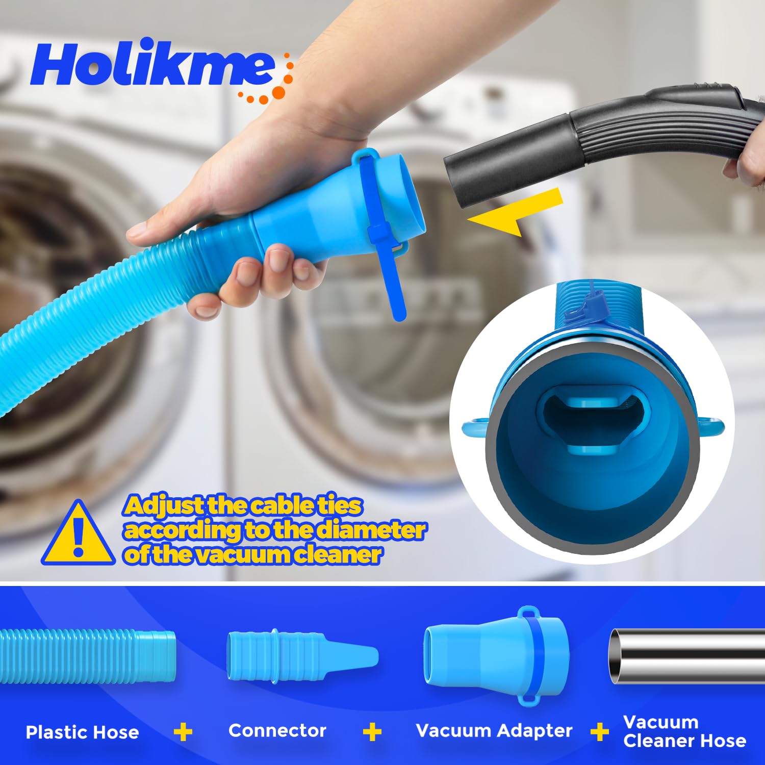 Holikme Upgraded 2-Piece Dryer Vent Cleaner Kit - Universal Vacuum Hose Attachment & Lint Remover Brush for Clothes Dryers & Refrigerator Coils (Blue) | Perfect for Home Appliance Maintenance & Fire Prevention