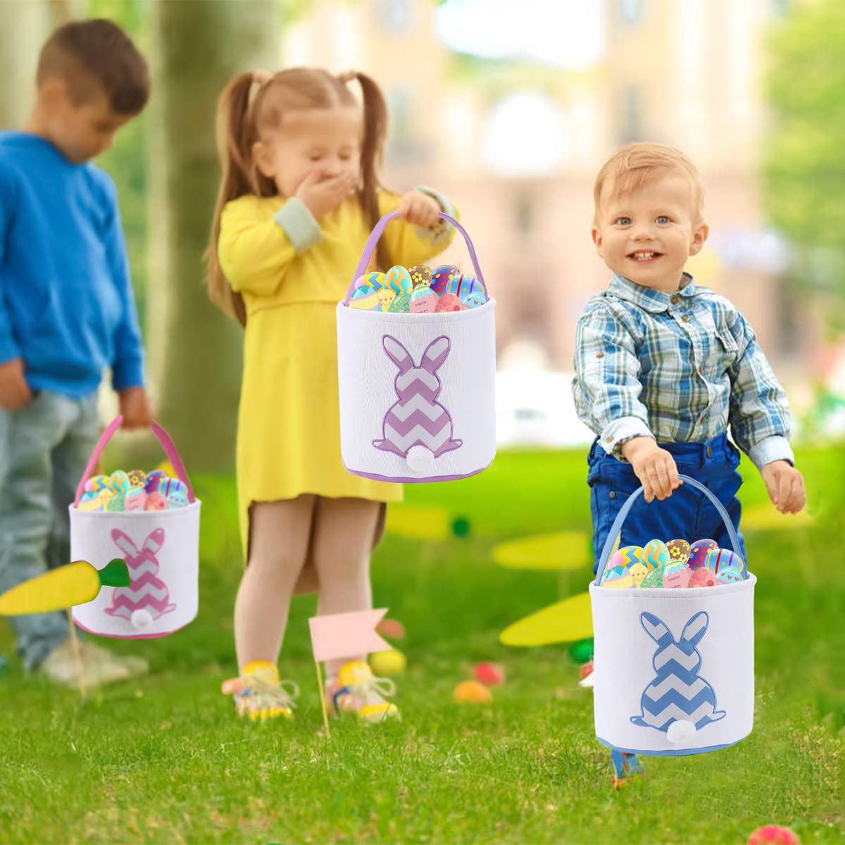 Easter Bunny Basket Bags for Kids - Striped Rabbit Pattern Cotton Canvas Egg Hunt Bag with Fluffy Tail - Personalized Easter Gift Basket for Candy, Eggs & Treats (Purple) - Perfect for Easter Egg Hunts, Party Favors & Spring Celebrations