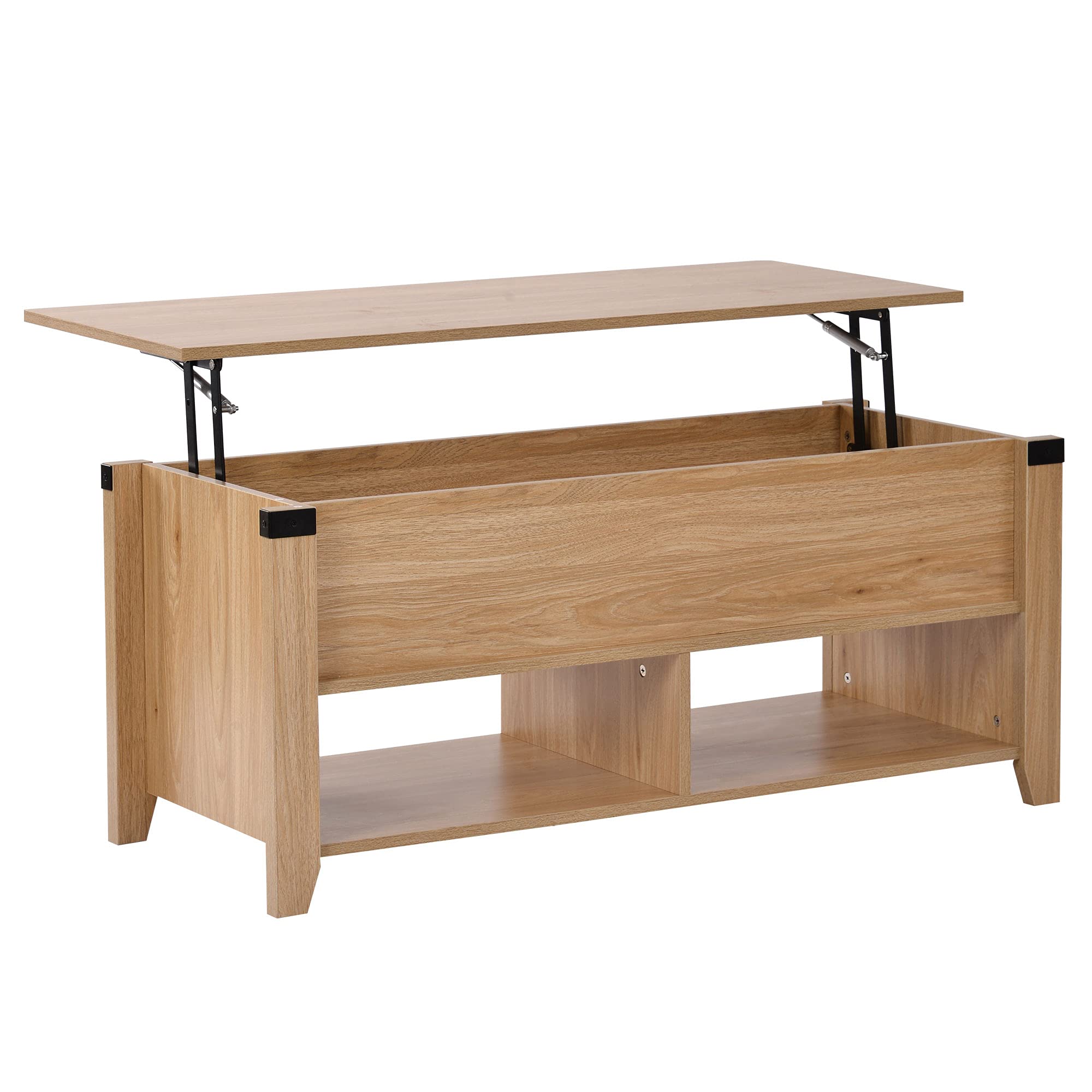 Lift Top Coffee Table with Hidden Storage Compartment & Open Shelf - Solid Wood Adjustable Height Living Room & Office Center Table - Pop-Up Storage Design (Oak) - Perfect for Small Spaces, TV Rooms & Home Offices