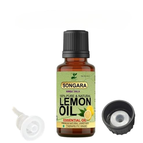 Songara 100% Pure Natural Lemon Essential Oil for Skin & Hair - Ayurvedic Scalp Treatment, Face & Body Revitalizer - 20ml (1 Pack) - Perfect for Aromatherapy, Massage & DIY Beauty Recipes