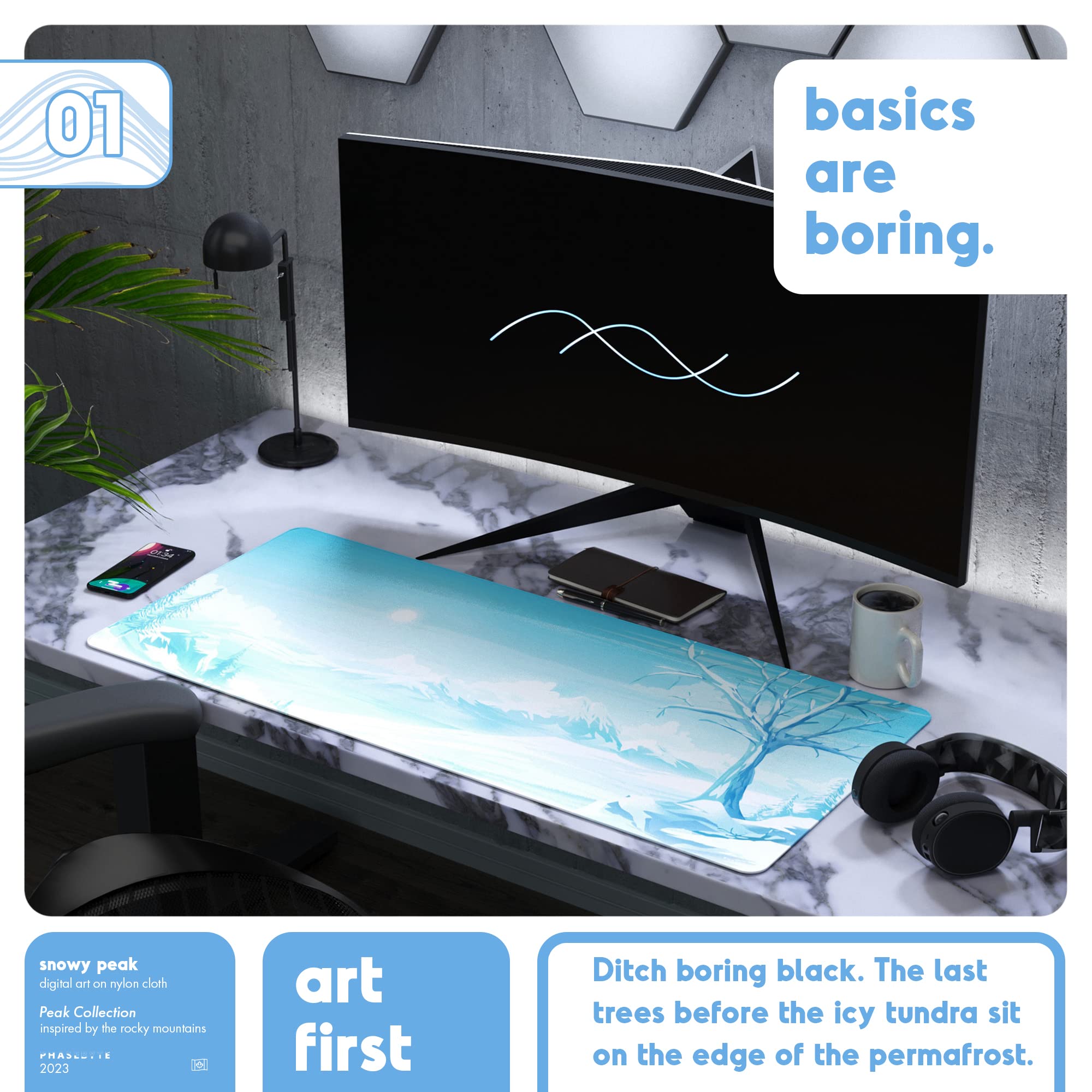 PhaseByte Extended Gaming Mouse Pad - Non-Slip Large Mouse Mat with Stitched Edges for PC & Laptop - Smooth Micro-Fiber Surface Desk Pad (35.4x15.7x0.16 inches) - Perfect for Gaming, Office Work & Graphic Design - SnowyPeak White