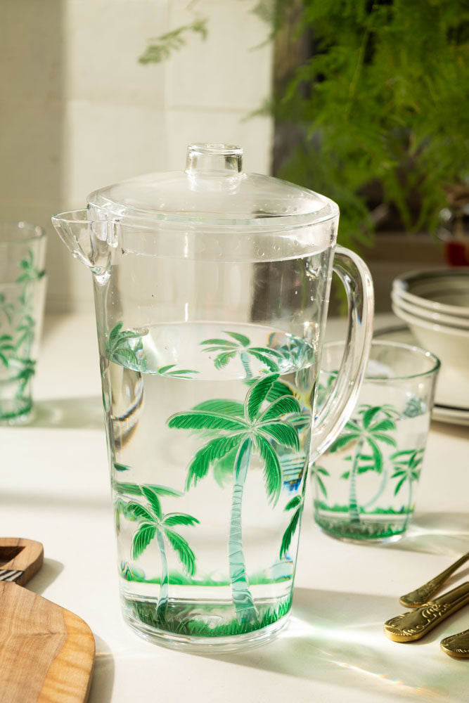 Acrylic Green Palm Tree Picnic Jug - 64oz Insulated Beverage Dispenser with Spigot for Outdoor Parties, BBQs, Beach & Poolside Gatherings