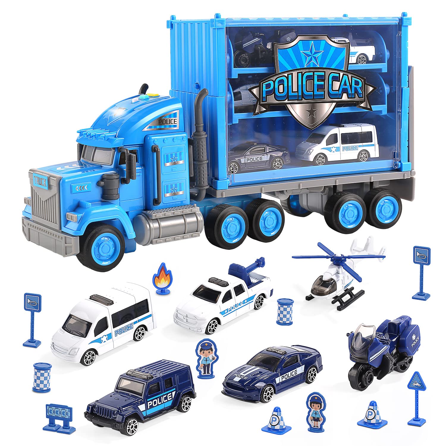 22-Piece Police Car Toy Set with Mini Alloy Cars & Transport Truck - Push & Go Play Vehicles with Lights & Sounds - Perfect Gift for Boys & Toddlers - Ideal for Pretend Play, Birthday Gifts & Kids' Role-Playing Games