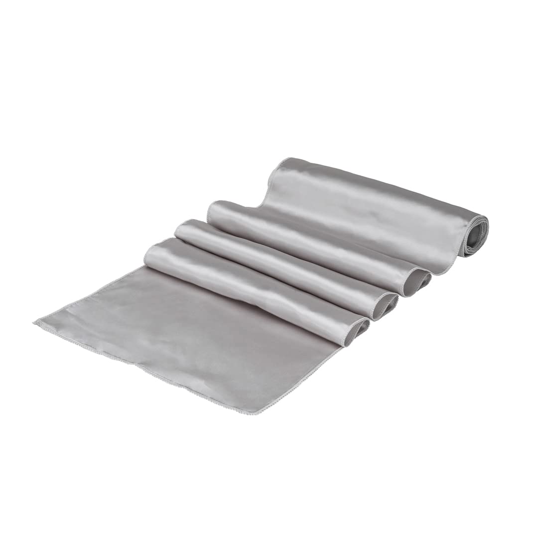 Restaurantware Table Tek 12 x 108 Inch Satin Table Runner - Machine Washable Silver Polyester Decorative Tablecloth for Weddings, Parties & Events | Perfect for Banquet Tables, Buffet Displays & Holiday Decorations