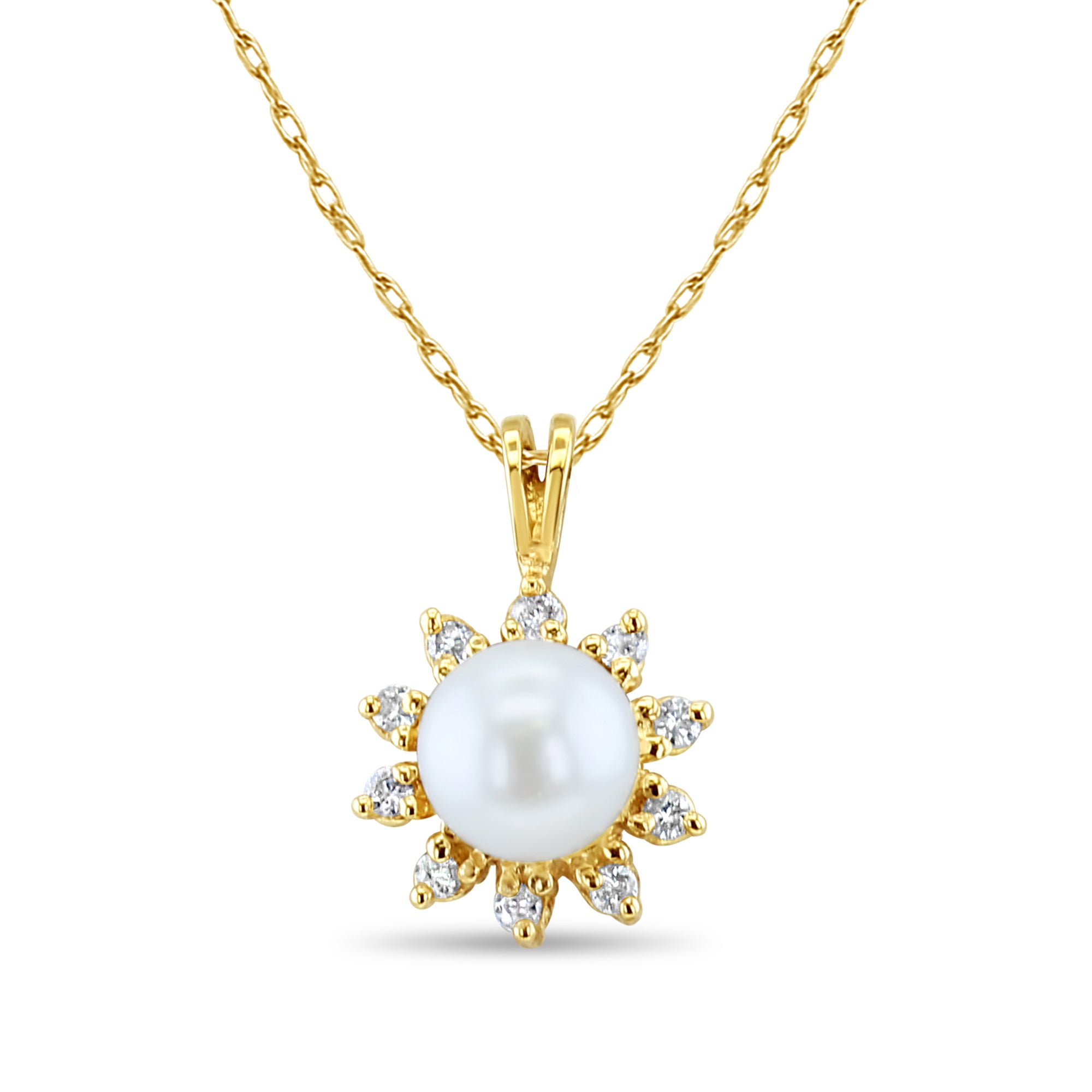 7MM Freshwater Pearl Diamond Halo Necklace in 14k Yellow Gold - Elegant Jewelry Gift for Women, Perfect for Weddings, Anniversaries & Special Occasions