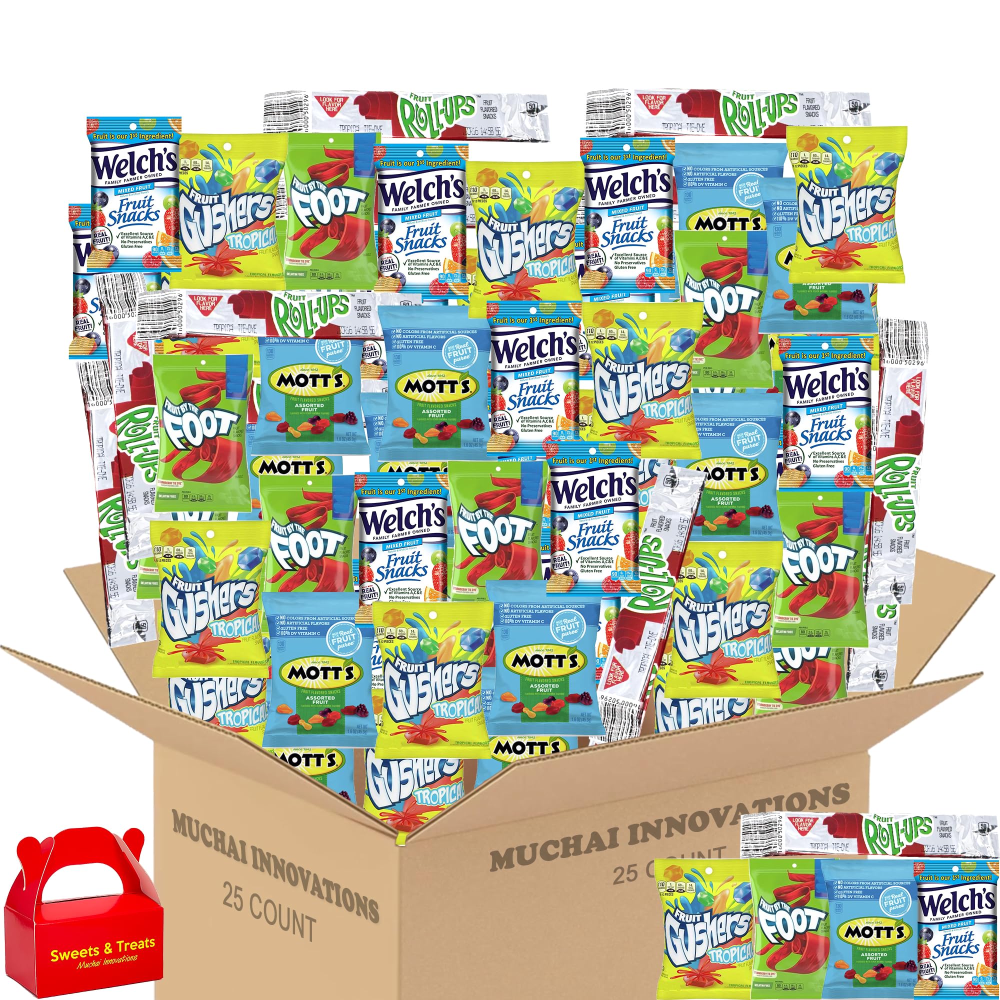 Welch's Assorted Fruit Snacks & Gummies Variety Pack - 25 Individually Wrapped Packs with Gushers, Fruit by the Foot & Fruit Roll-Ups | Perfect for Parties, Office Treats, Graduation Gifts, Exam Snacks & Family Sharing | Great for Kids, Coworkers & Friends | Home, School & Workplace Snack Solution