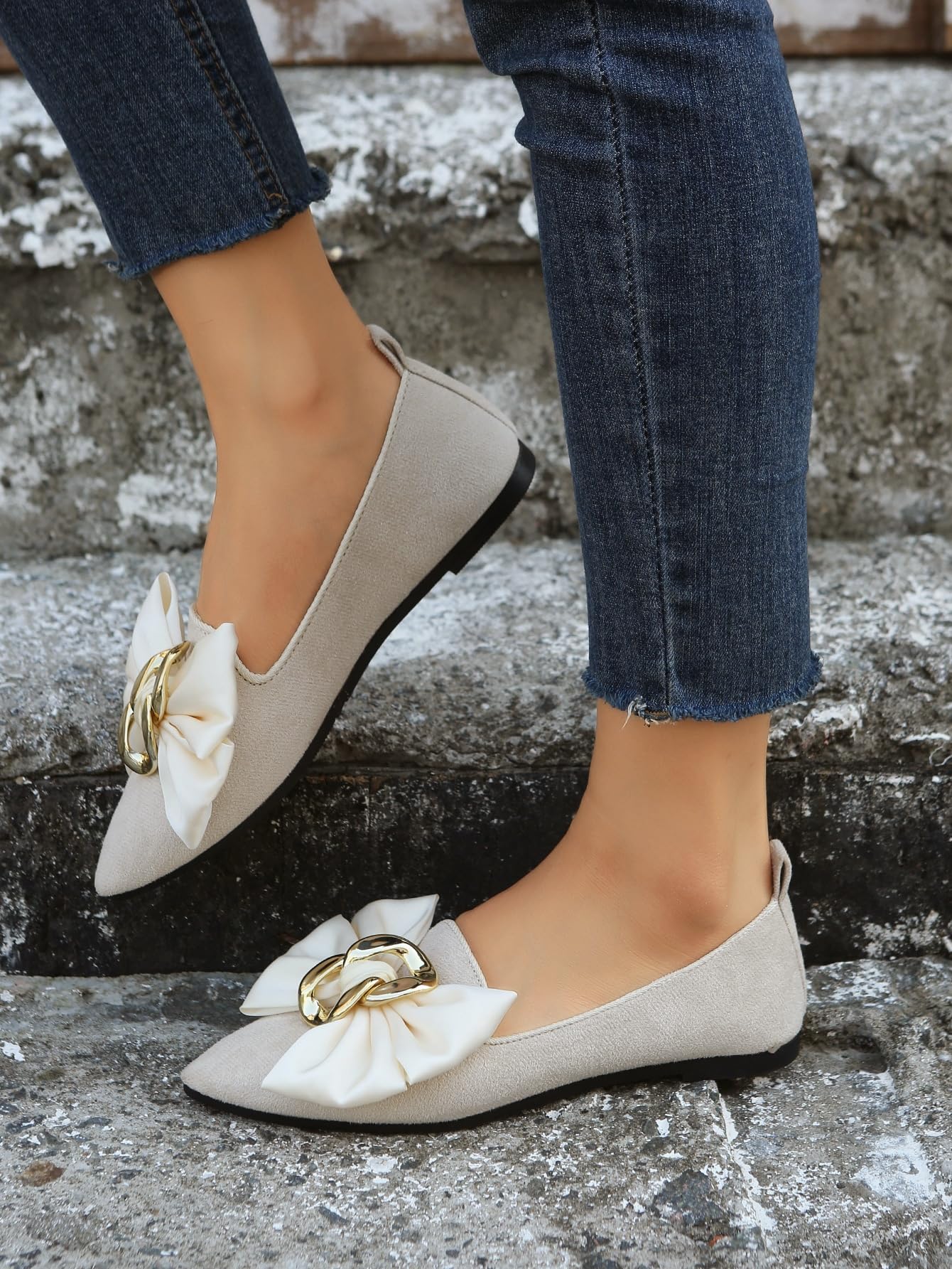 OYOANGLE Women's Pointed Toe Loafers with Bow Chain Decor - Elegant Faux Suede Flats for Women | Comfortable Slip-On Shoes for Office, Casual Outfits & Outdoor Walking
