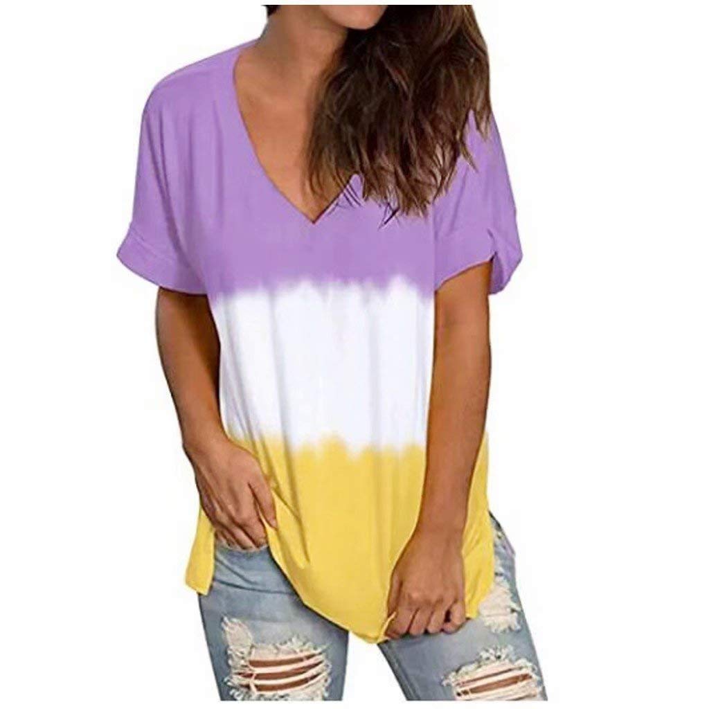 Women's V-Neck Gradient Color Short Sleeve T-Shirt - Purple White Yellow Casual Top for Moms | Perfect for Everyday Wear, Mother's Day Gifts & Family Outings