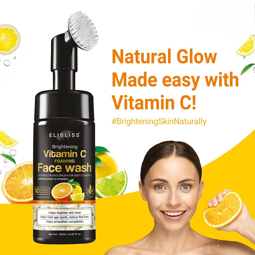 Vitamin C & Niacinamide Foaming Face Wash with Built-in Brush - 150ml Deep Cleansing for Acne, Dark Spots & Brightening | Perfect for Daily Skincare Routine & Travel