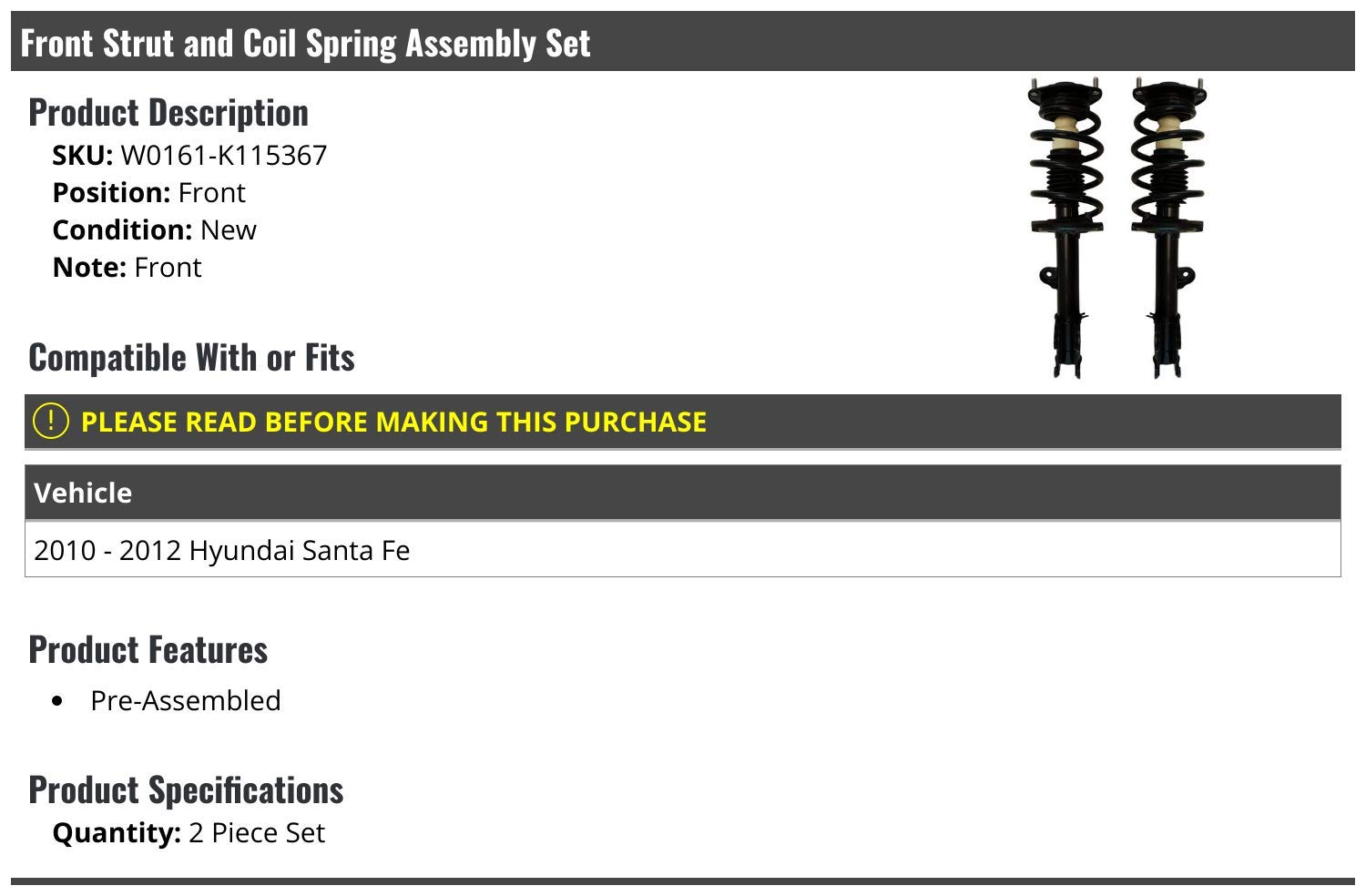 High-Quality Front Strut and Coil Spring Assembly Set (2-Piece) - Fits 2010-2012 Hyundai Santa Fe - Perfect for Smooth Ride & Suspension Repair