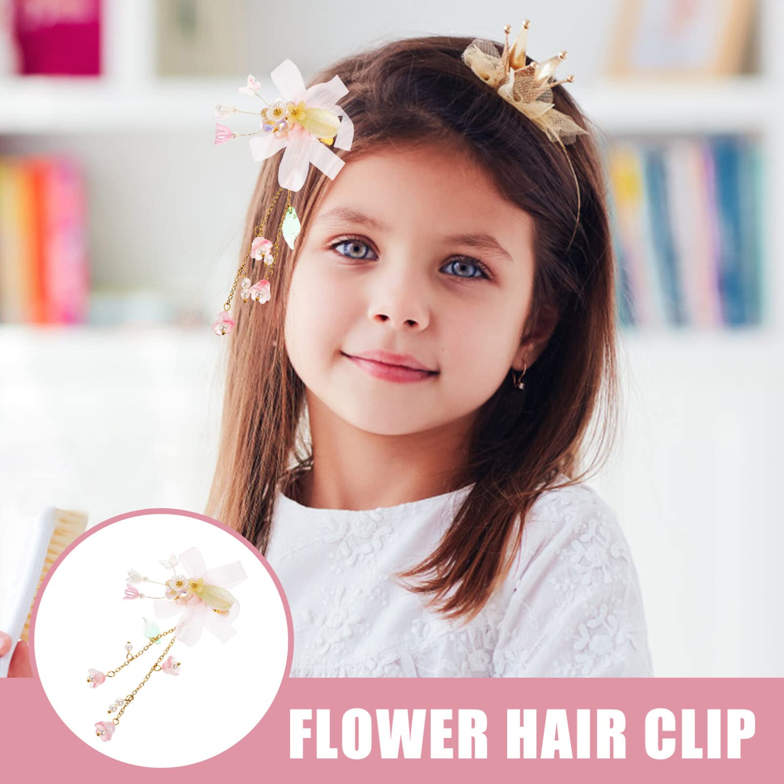 FOMIYES Pink Tassel Flower Hair Clips for Girls - 1 Pair Baby Hair Bows with Ribbon, Infant Hair Accessories for Parties, Weddings & Costumes