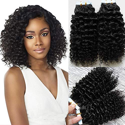 Brazilian Remy Human Hair Extensions - 40pcs Deep Curly Tape in Skin Wefts (10inch, 1B Natural Black) | Invisible Hair Weft for Volume & Length | Perfect for Parties, Weddings & Everyday Styling
