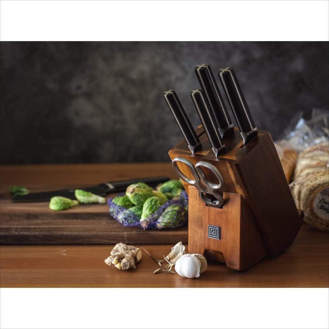 7-Piece German Stainless Steel Kitchen Knife Set with Acacia Wood Block & Scissors - Professional Chef Knives for Cooking, Slicing, Dicing - Perfect for Home Kitchens, Wedding Gifts & Culinary Enthusiasts