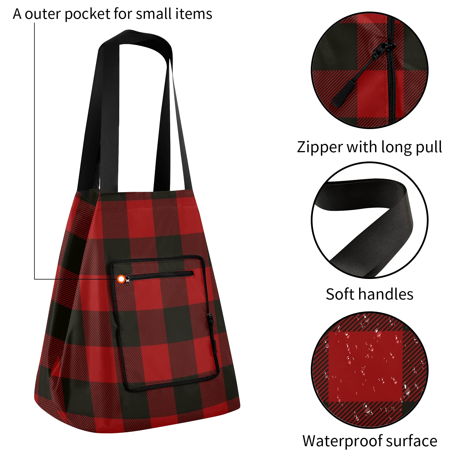ALAZA Merry Christmas Plaid Buffalo Large Reusable Tote Bag - Foldable Lightweight Grocery Shopping Bag with Handles for Women, Outdoor Picnics, Travel & Holiday Gift Giving