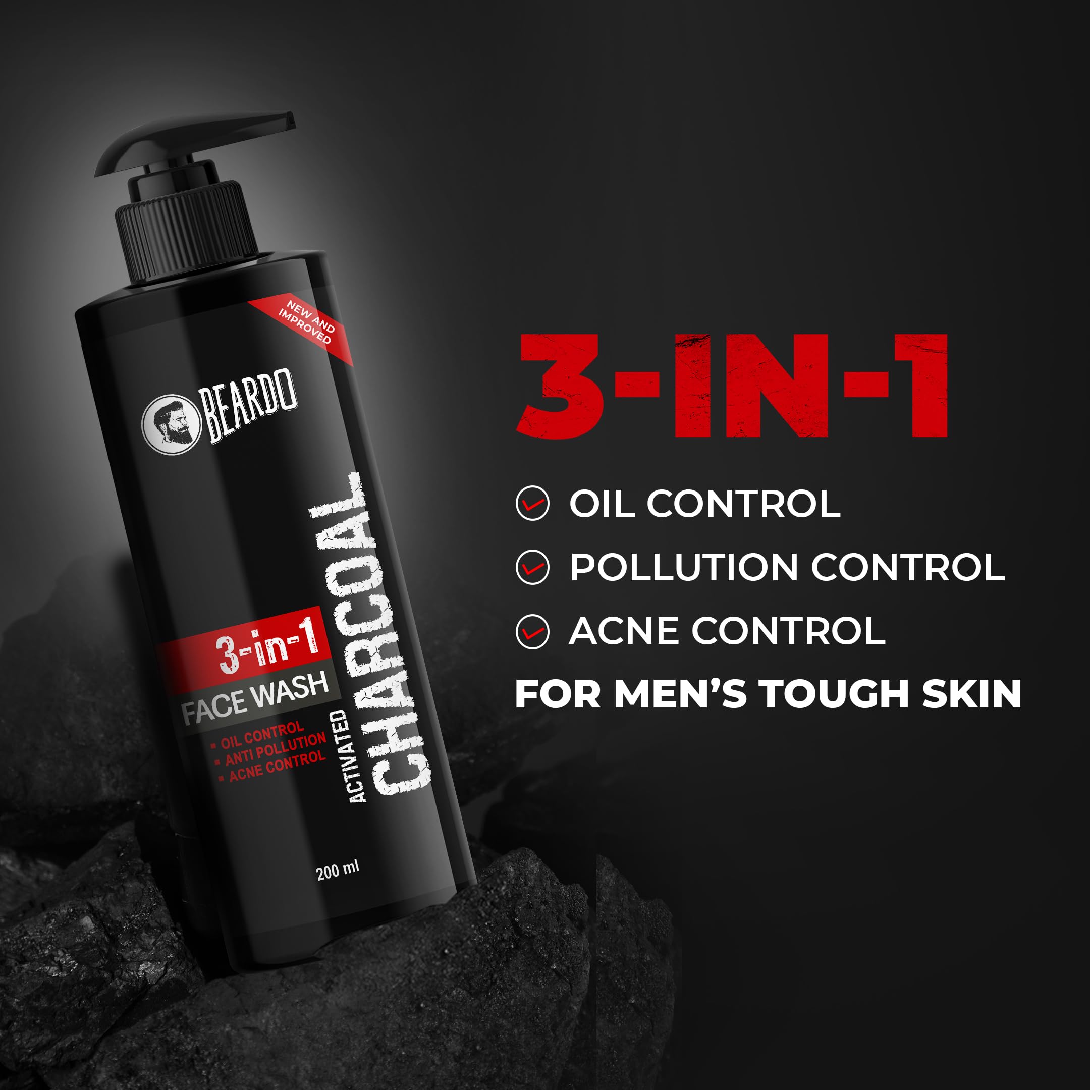 Beardo 3-in-1 Activated Charcoal Face Wash for Men - Deep Cleansing, Exfoliating & Detoxifying Formula | Oil Control Face Wash for Oily Skin | Removes Dirt & Pollution | 200ml | Perfect for Daily Skincare & Post-Workout Cleansing