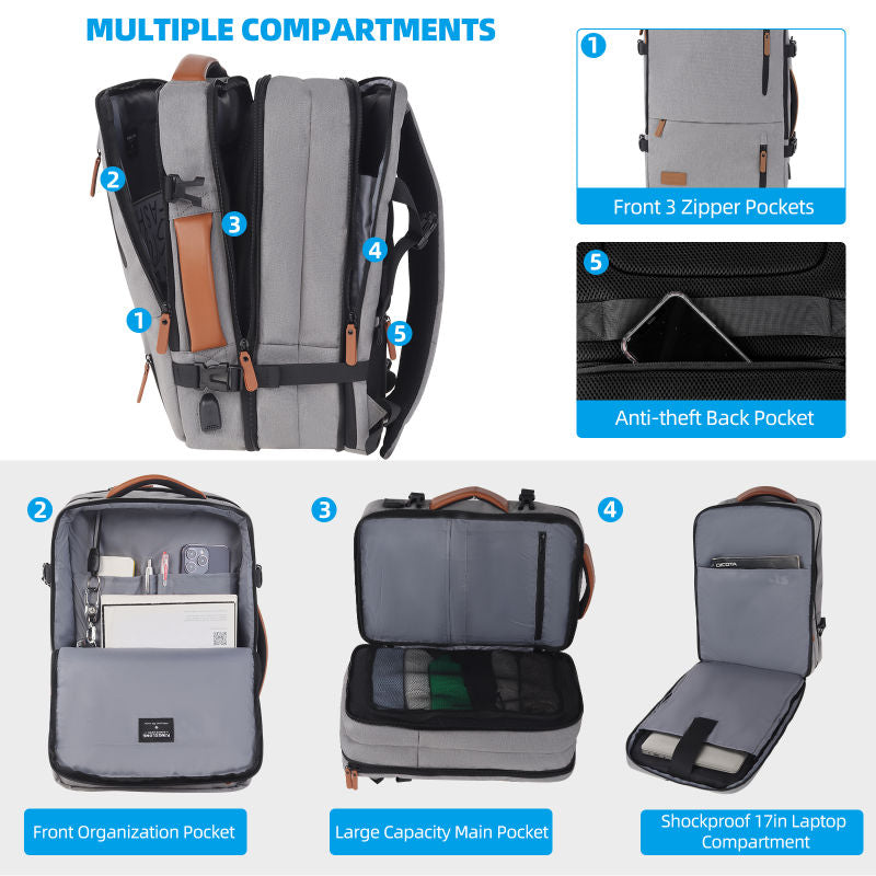 Travelite TL230626 17.3 Inch Laptop Backpack with USB Charging Port - Lightweight Overnight Travel Backpack for Men & Women, Perfect for Business Trips, Commuting & College (Grey)