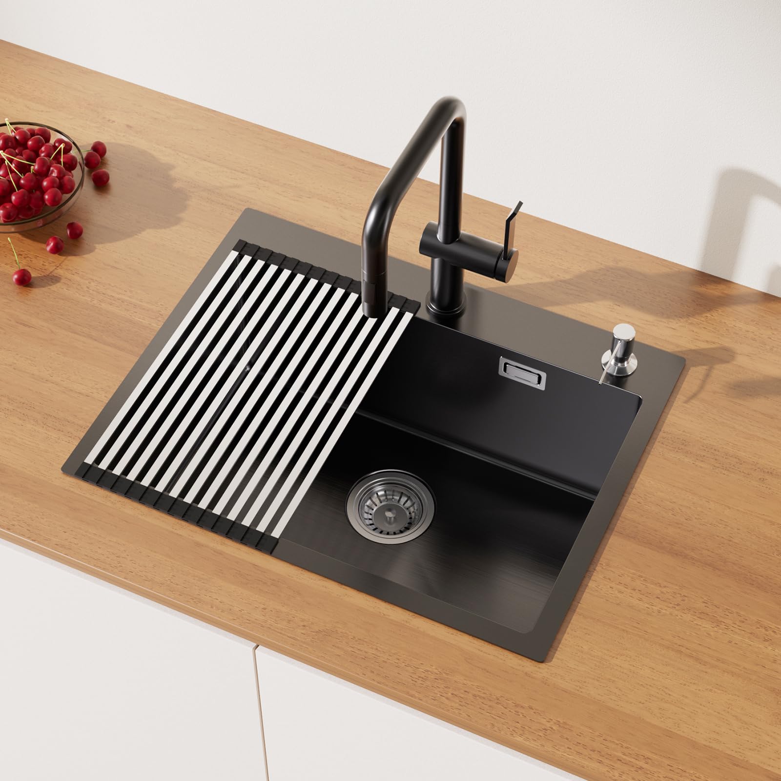 Lonheo 58 x 45 cm Black Kitchen Sink with Foldable Drainboard & Soap Dispenser - Single Bowl Stainless Steel Sink with Drainage System - Perfect for Modern Kitchens, Apartments & Small Spaces