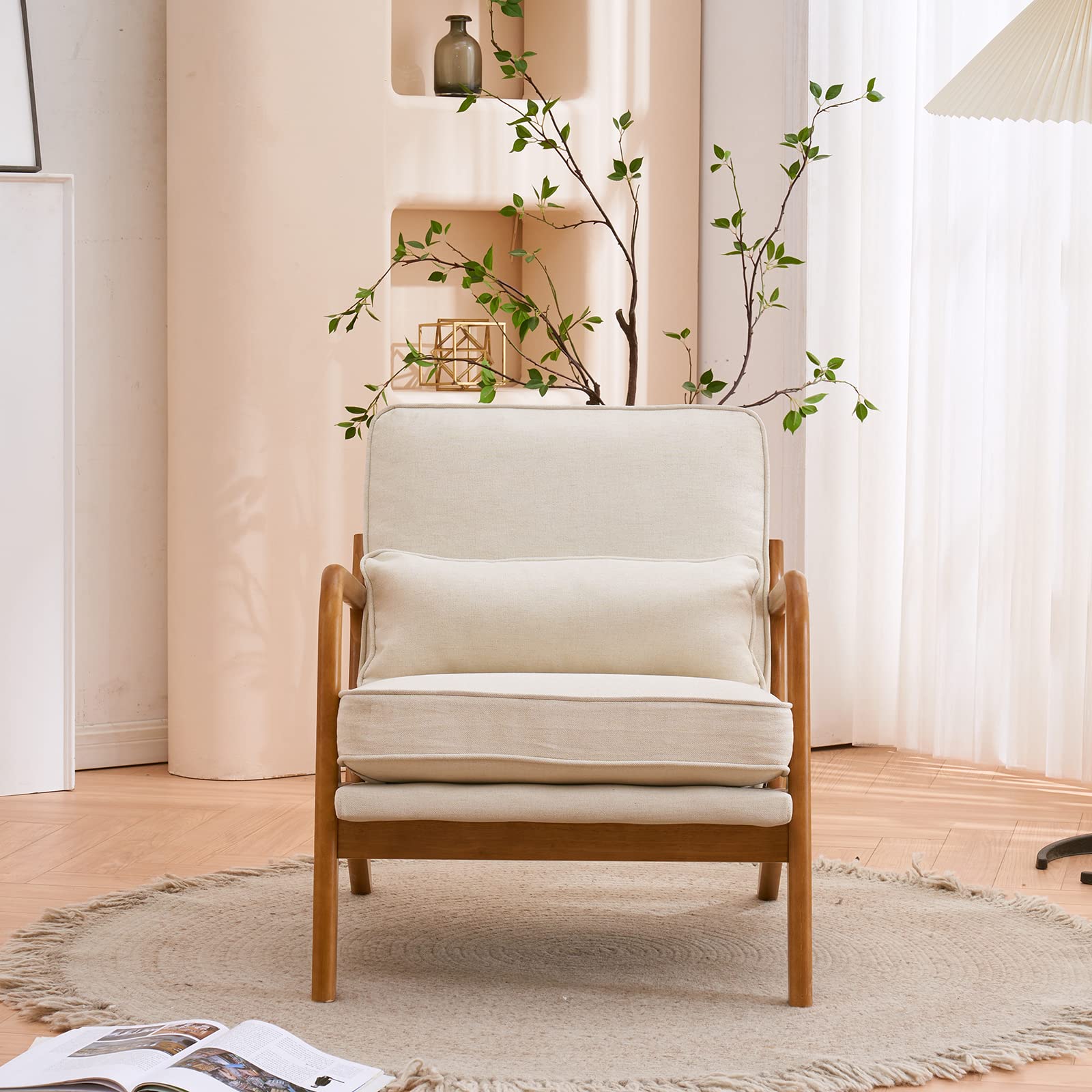 VINGLI Modern Accent Chairs Set of 2 - Beige Linen Upholstered Mid Century Lounge Chairs with Wooden Legs for Living Room, Bedroom or Office - Comfortable Reading Armchair for Small Spaces & Cozy Home Decor