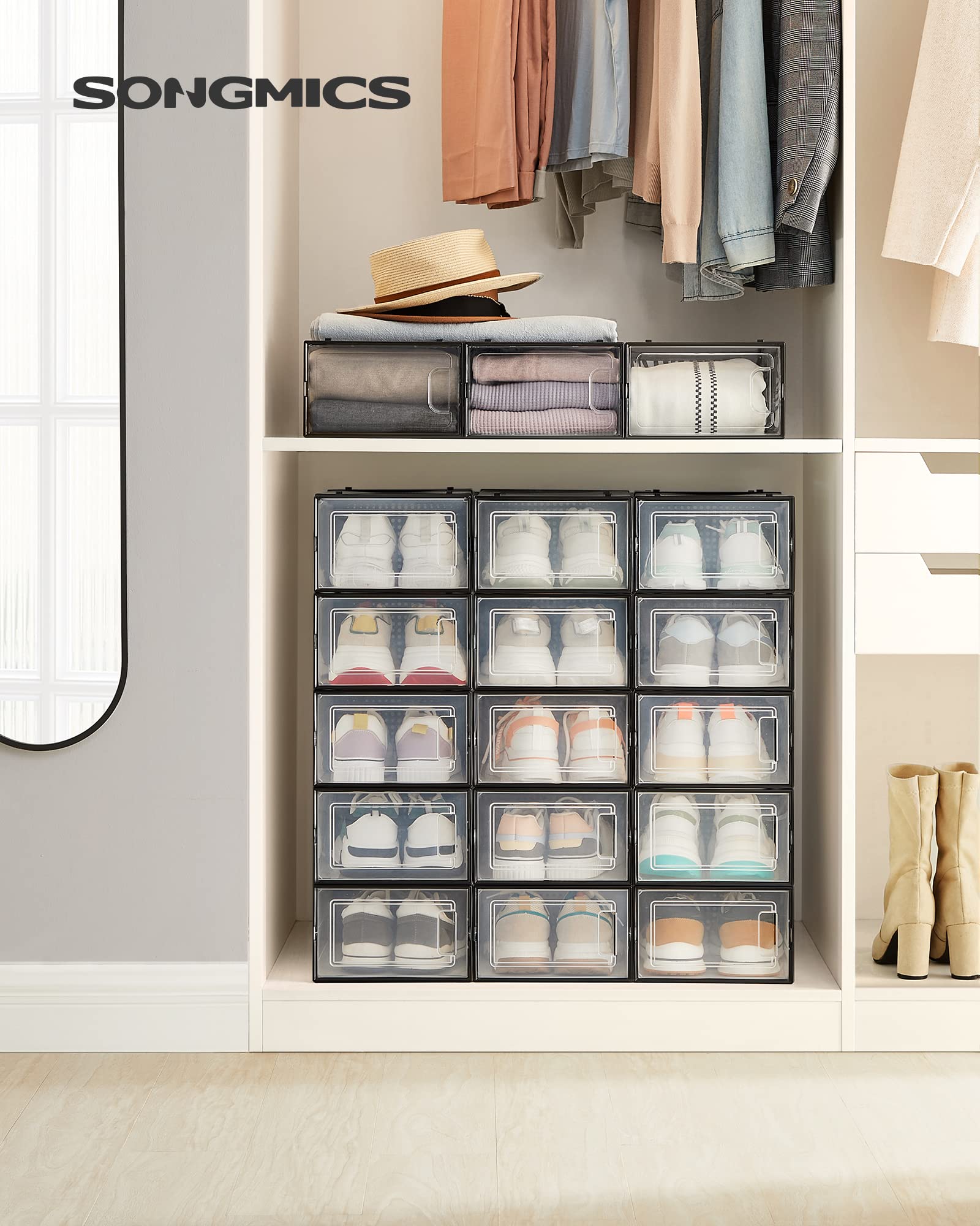 SONGMICS 18-Pack Shoe Storage Boxes, Clear & Black Stackable Shoe Organizers for Sneakers - Fits Up to US Men's Size 11, Foldable Shoe Box for Closet Organization | Perfect for Bedroom, Entryway & Dorm Storage Solutions