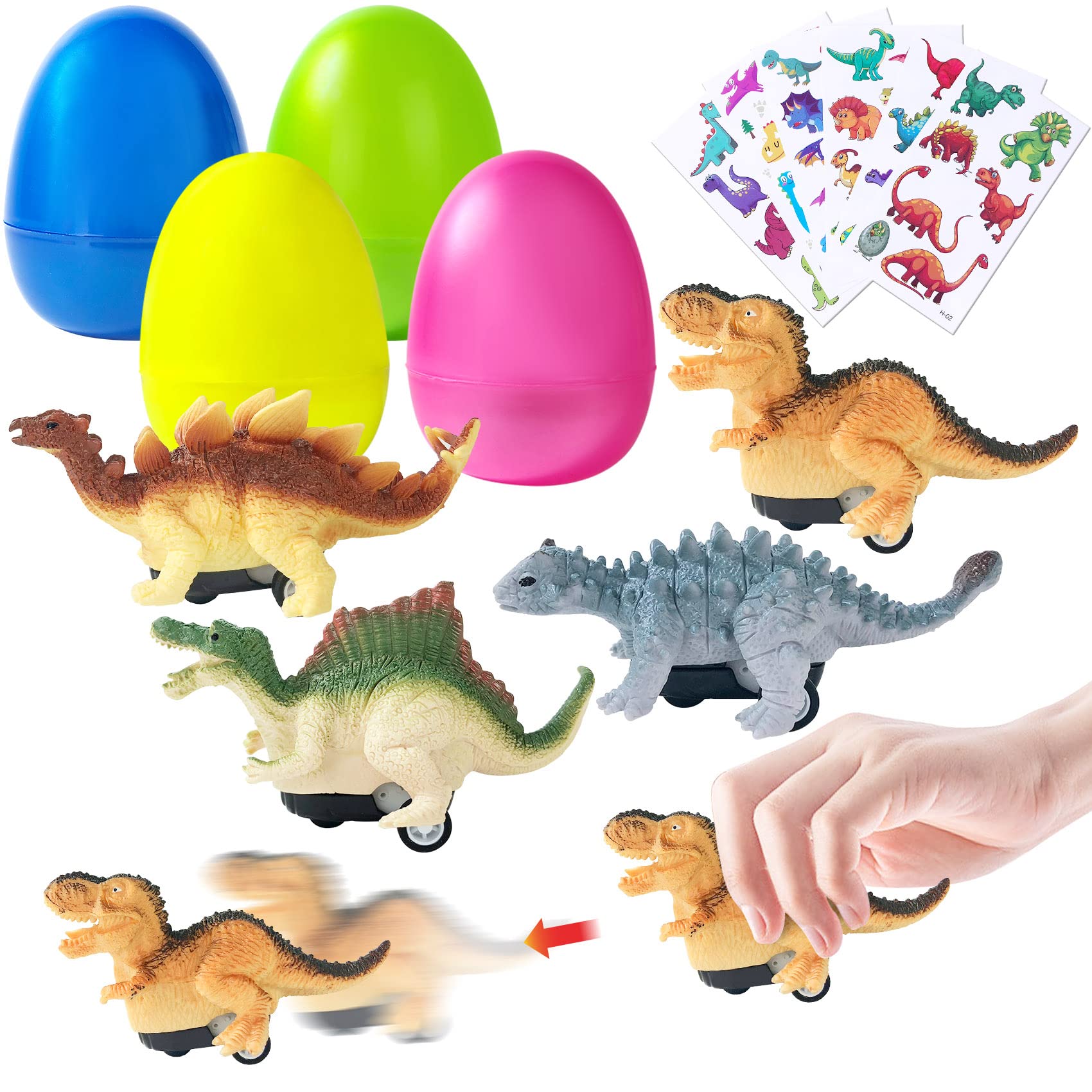 Pull Back Dinosaur Cars Easter Eggs Basket Stuffers - 24 Pack Plastic Easter Eggs with Stickers, Fun Party Favors & Fillers for Kids, Toddlers, Boys & Girls | Easter Egg Hunt, Birthday Gifts & Classroom Rewards
