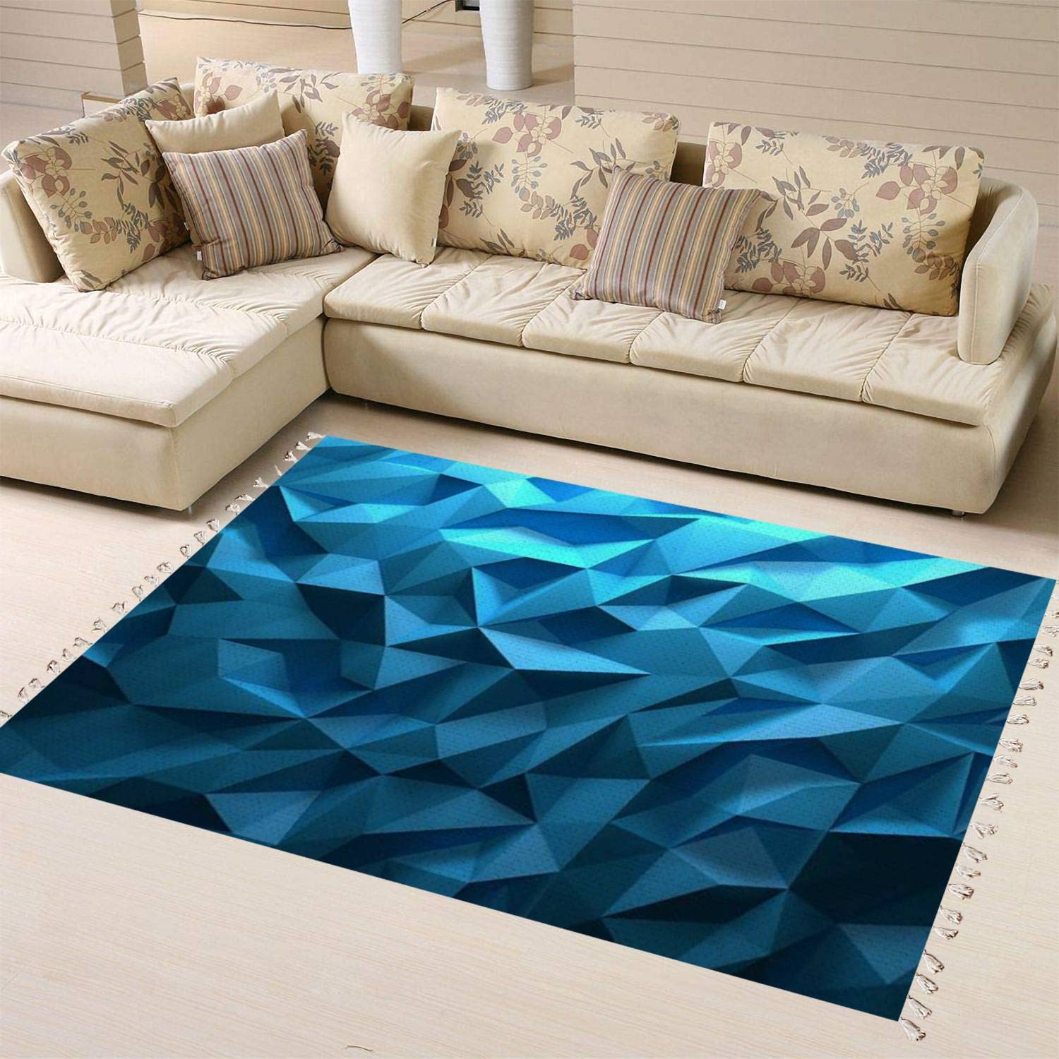Boho Blue Triangle Geometric Crystal Area Rug - Linen Carpet for Patio, Hallway Runner, Living Room, Bedroom & Outdoor Decor | Minimalist Home Design for Boho Chic & Modern Spaces