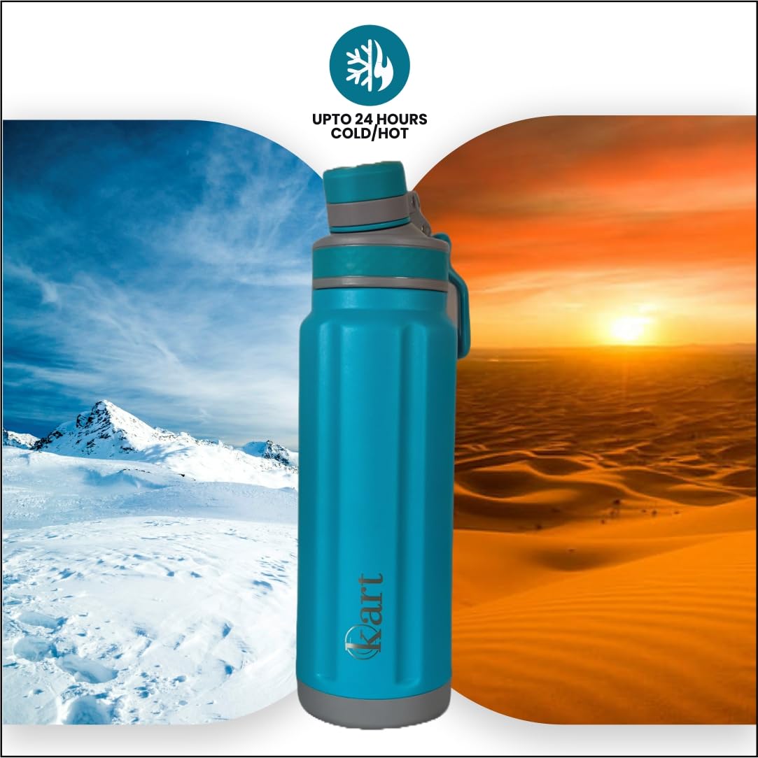 Kart Insulated Stainless Steel Water Bottle 800ml - 24 Hour Hot & Cold Retention - ISI Certified - Leakproof & Rustproof - Perfect for Office, Gym, Hiking, Travel & Outdoor Activities (Blue)