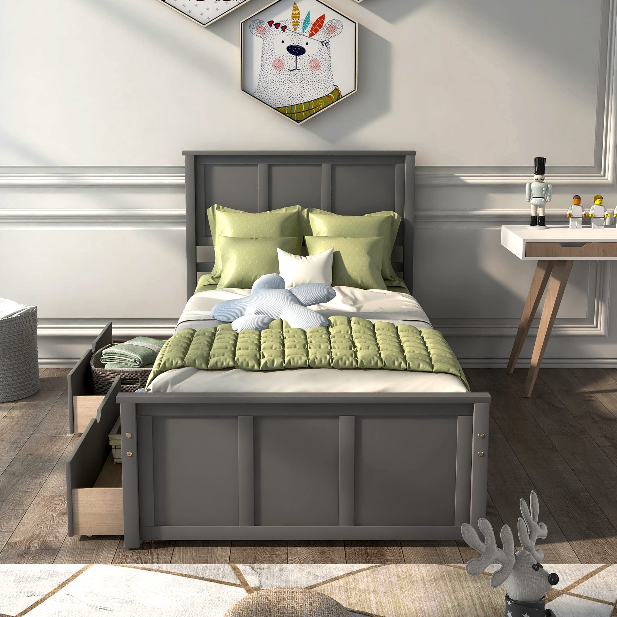 MERITLINE Twin Size Wooden Bed Frame with Headboard & Under Bed Storage Drawers - Grey Platform Bed for Kids, Teens, Boys and Girls | Perfect for Small Bedrooms, Guest Rooms & Dormitories