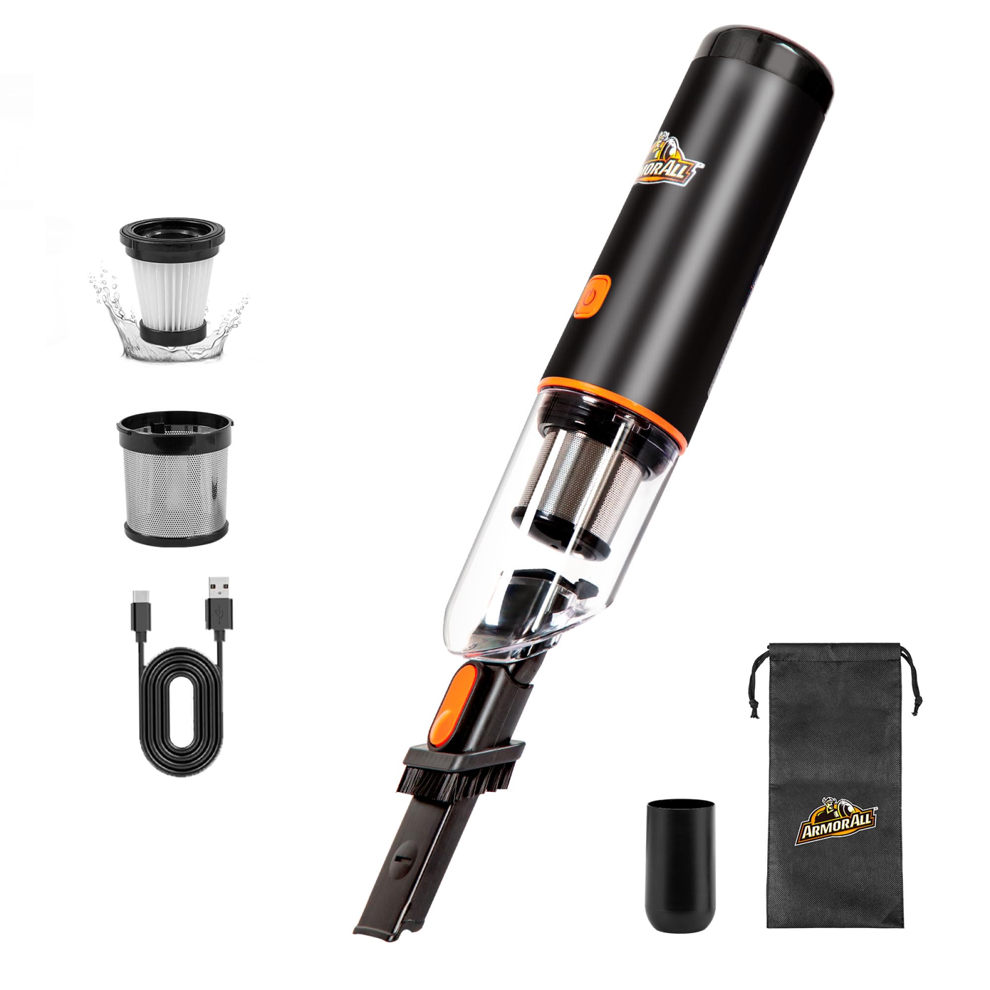 Armor All AA07V2 0901 Cordless Handheld Car Vacuum Cleaner - Powerful 12V Mini Vacuum for Car Interior, Home & Office Use - Orange Portable Vacuum for Pet Hair, Crumbs & Dust Cleaning