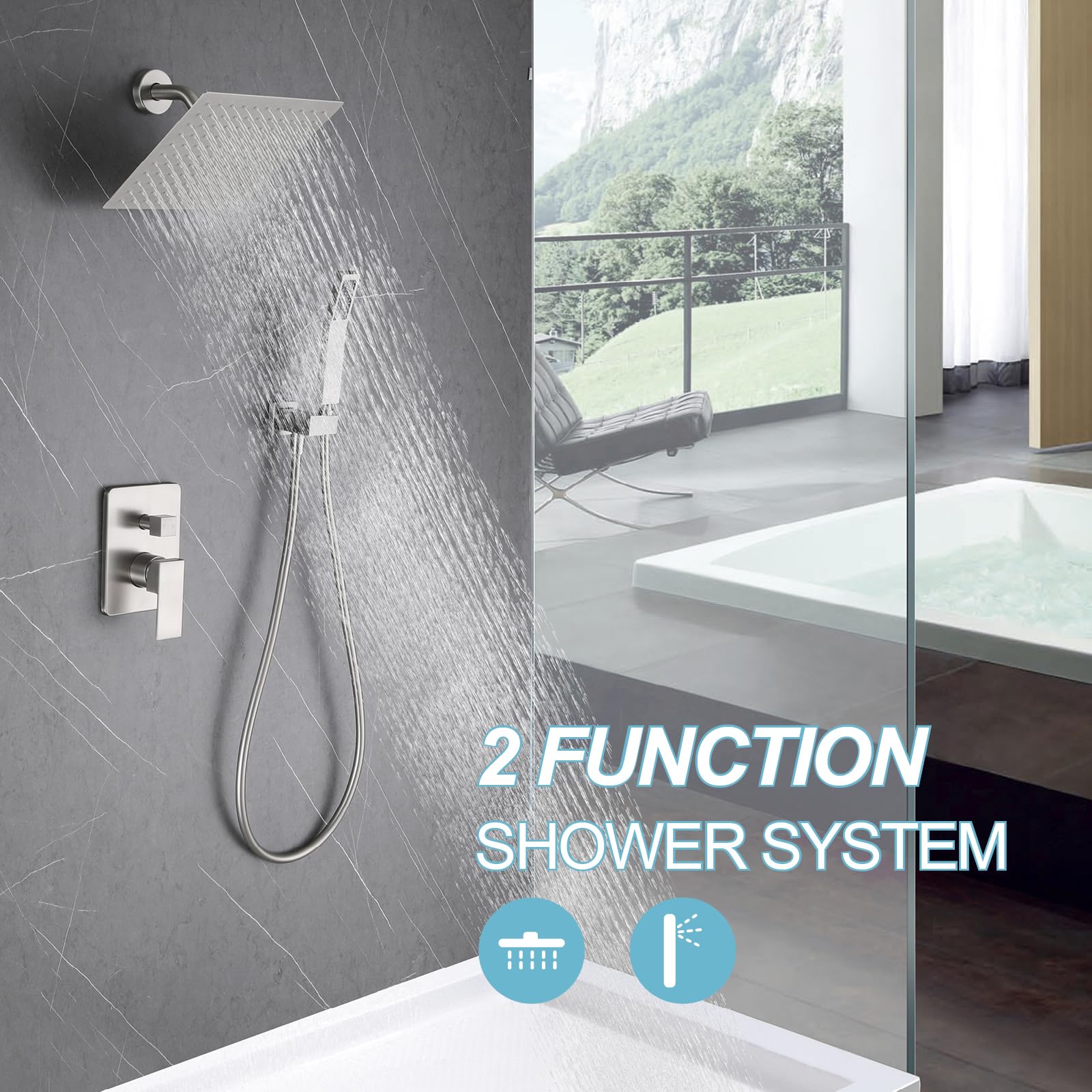 Luxury 10 Inch Rainfall Shower Head System with Hand Shower - Brushed Nickel Wall Mounted Bathroom Faucet Set & Angle Arm - Perfect for Modern Bathroom Renovation and Spa-Like Shower Experience