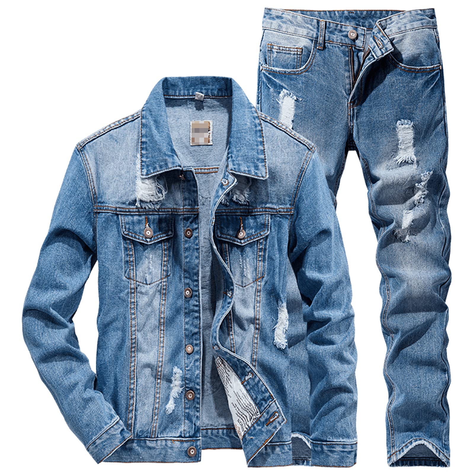 Stylish Couple Denim Suit Set - Distressed Ripped Long Sleeve Jacket & Jeans for Spring/Fall | Trendy Matching Outfits for Date Night & Casual Wear