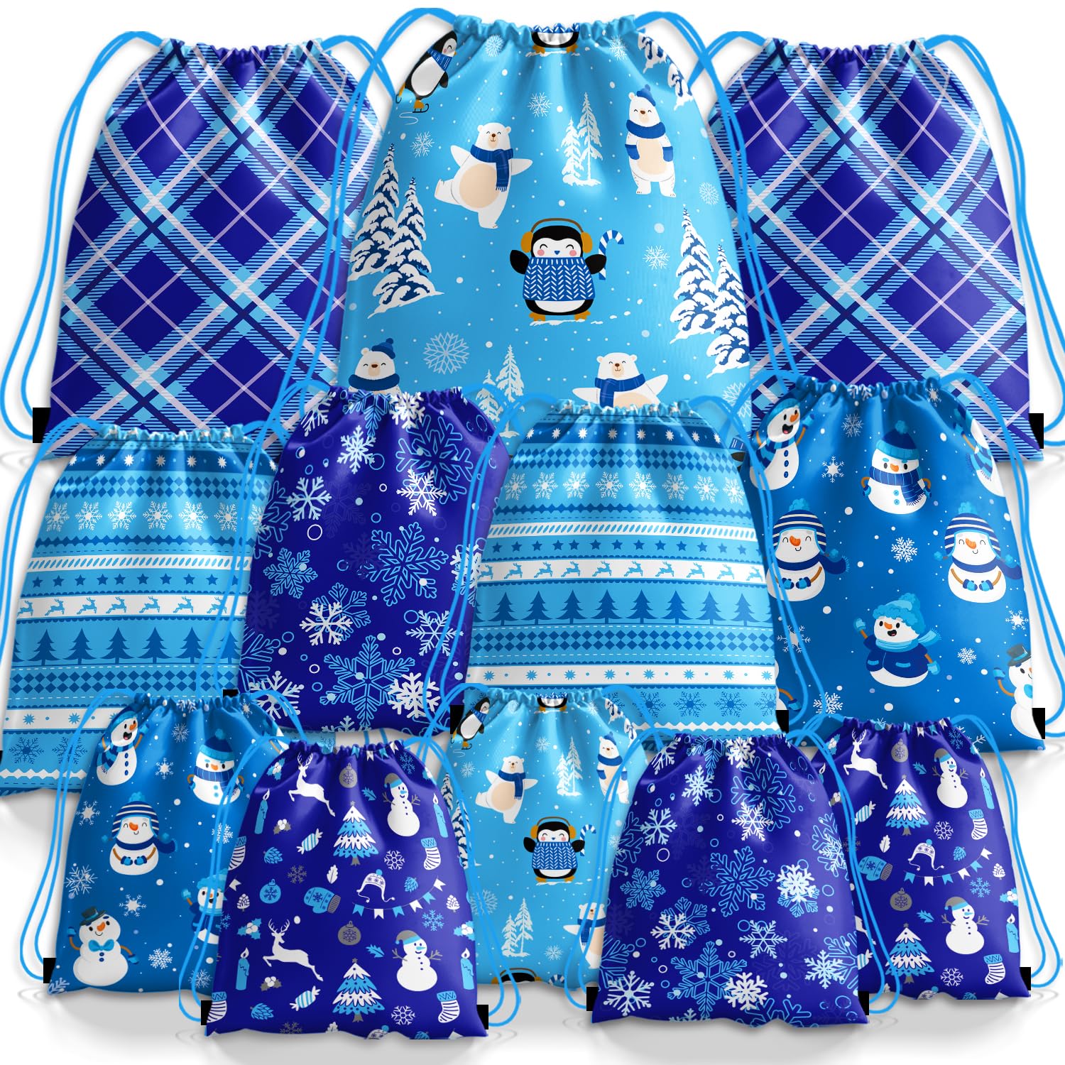 12-Piece Christmas Drawstring Gift Bags Set - Festive Snowflake & Snowman Design for Holiday Party Favors, Stocking Stuffers & Gift Wrapping - Perfect for Christmas Celebrations, Office Exchanges & Classroom Treats