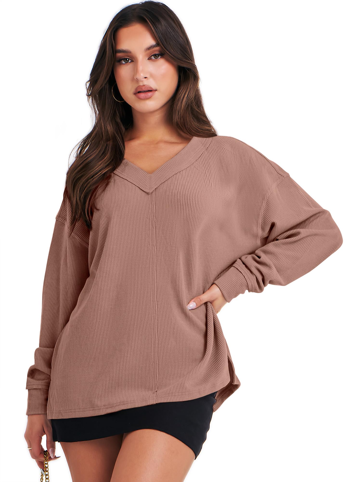 Caracilia Women's Oversized Off Shoulder Long Sleeve Waffle Knit Sweater - V Neck Pullover Top for Fall 2024 | Casual Outfit, Date Night, Autumn Layering