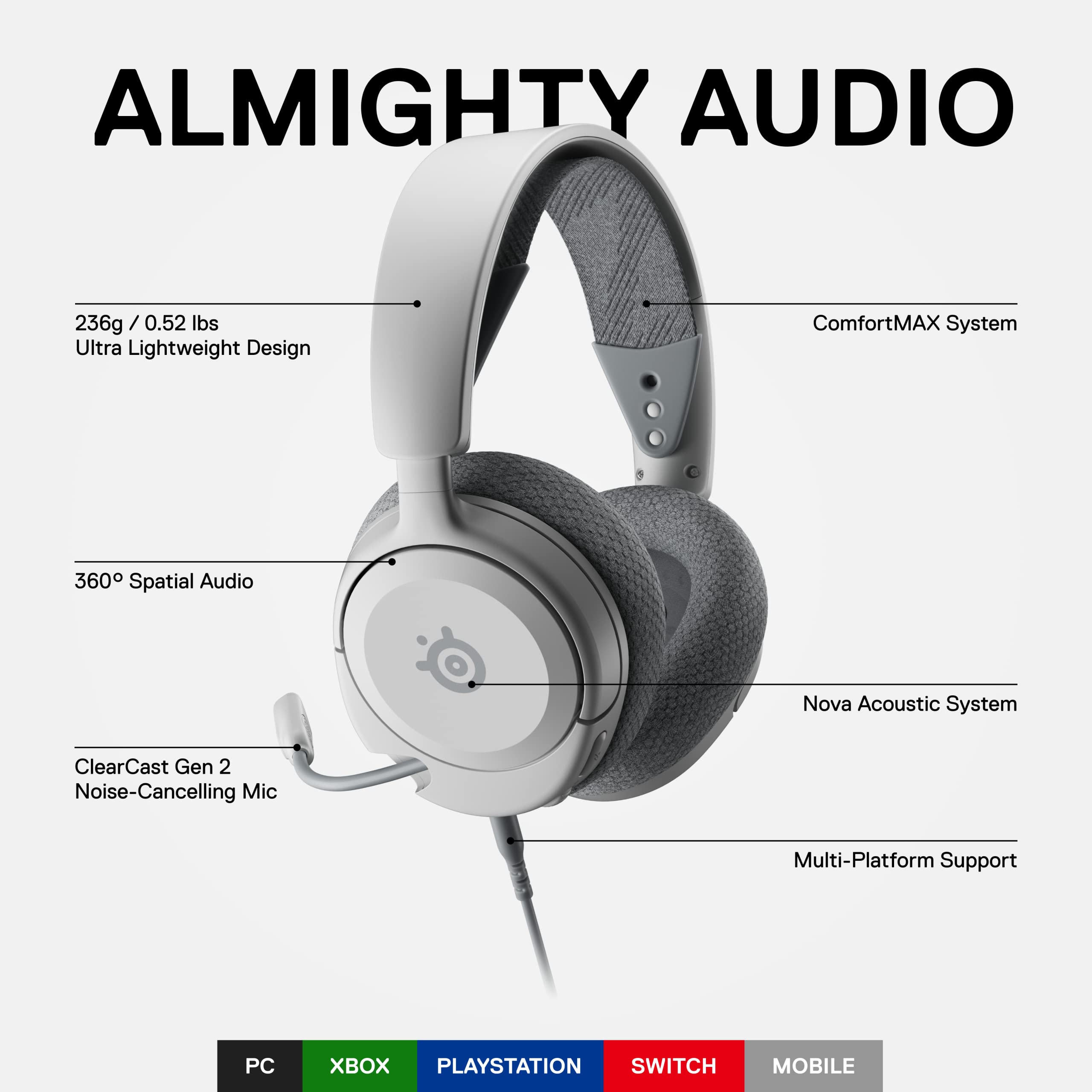 SteelSeries Arctis Nova 1 Multi-Platform Gaming Headset with 360° Spatial Audio - Ultra Lightweight Design for PC, PS5, PS4, Nintendo Switch & Xbox - White (Renewed) - Perfect for Competitive Gaming, Streaming & Long Play Sessions