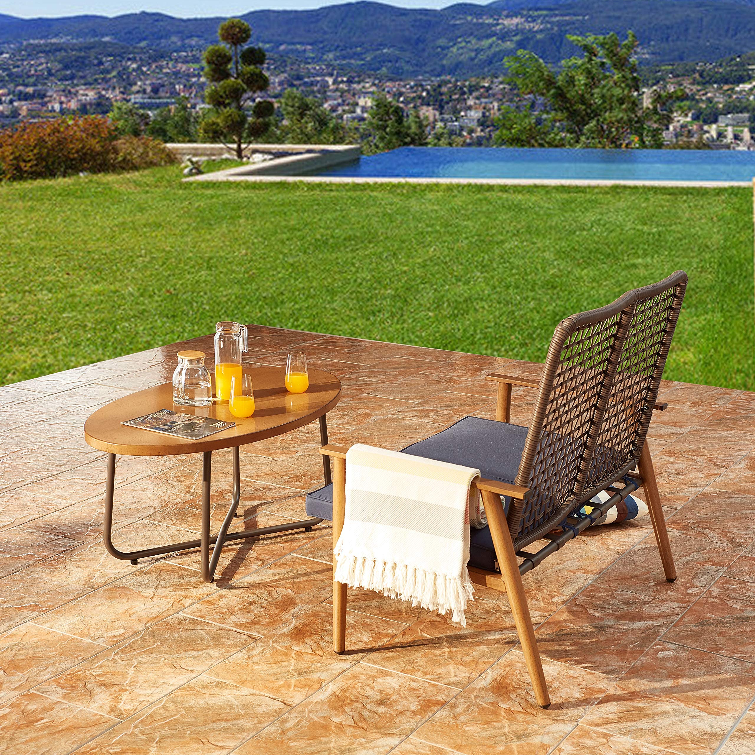 PatioFestival 2-Piece Outdoor Loveseat Set with Coffee Table - Wood Grain Finish Bistro Furniture for Lawn, Porch, Garden & Poolside - Perfect for Relaxing & Entertaining (Large, Blue)