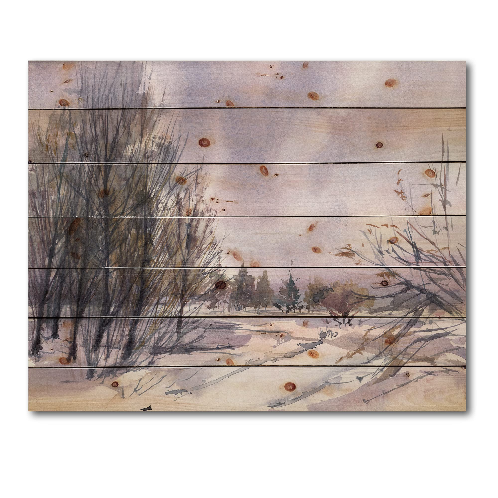 DesignQ Winter Landscape Wood Wall Art - Purple Snowy Pine Wood Panel Decor, Traditional Large Landscape Print for Living Room, Bedroom & Office